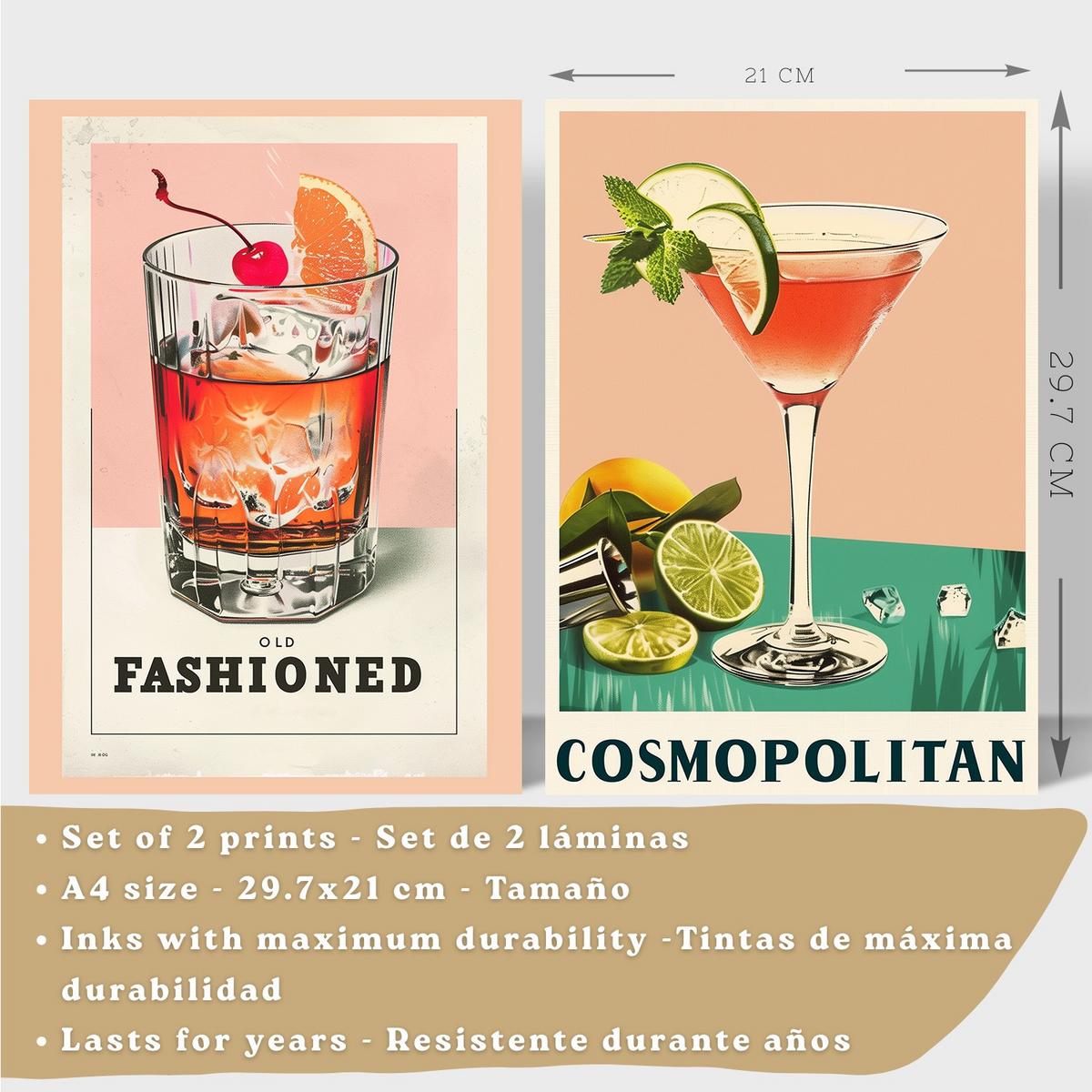 POSTER 2er Set Cocktail-Wandbilder Old Fashioned und Cosmopolitan Vintage Küche Bar Wanddeko Schwarzer Rahmen A4 - Schwarz, Papier (29.7/1/21cm) - Nacnic