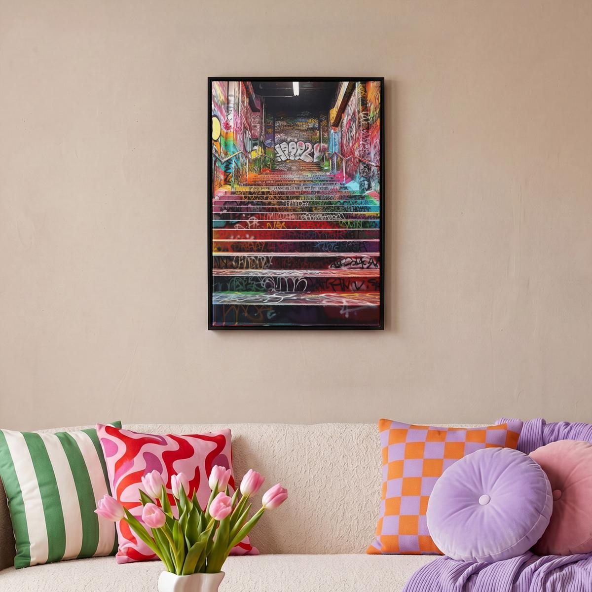 LEINWAND Bilder mit Rahmen - Treppe - Graffiti - Farben - Kunst - 40x60 - Multicolor, Textil (40/60cm) - MuchoWow