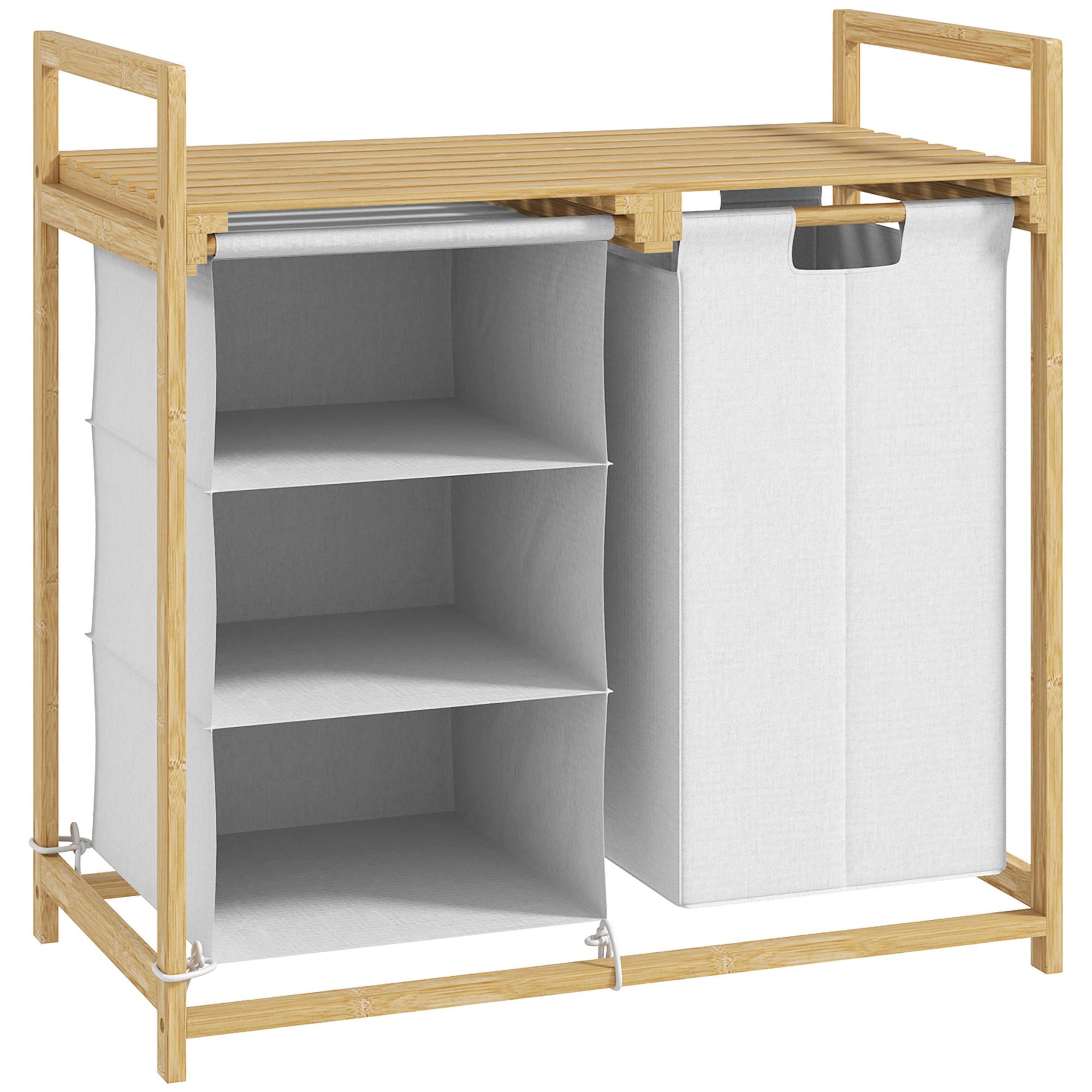 WÄSCHEKORB 4 Fächer Wäschesammler mit 2 ausziehbaren Wäschesäcken Weiß - Weiß/Naturfarben, Naturmaterialien/Bambusholz (36/70/70cm) - HOMCOM