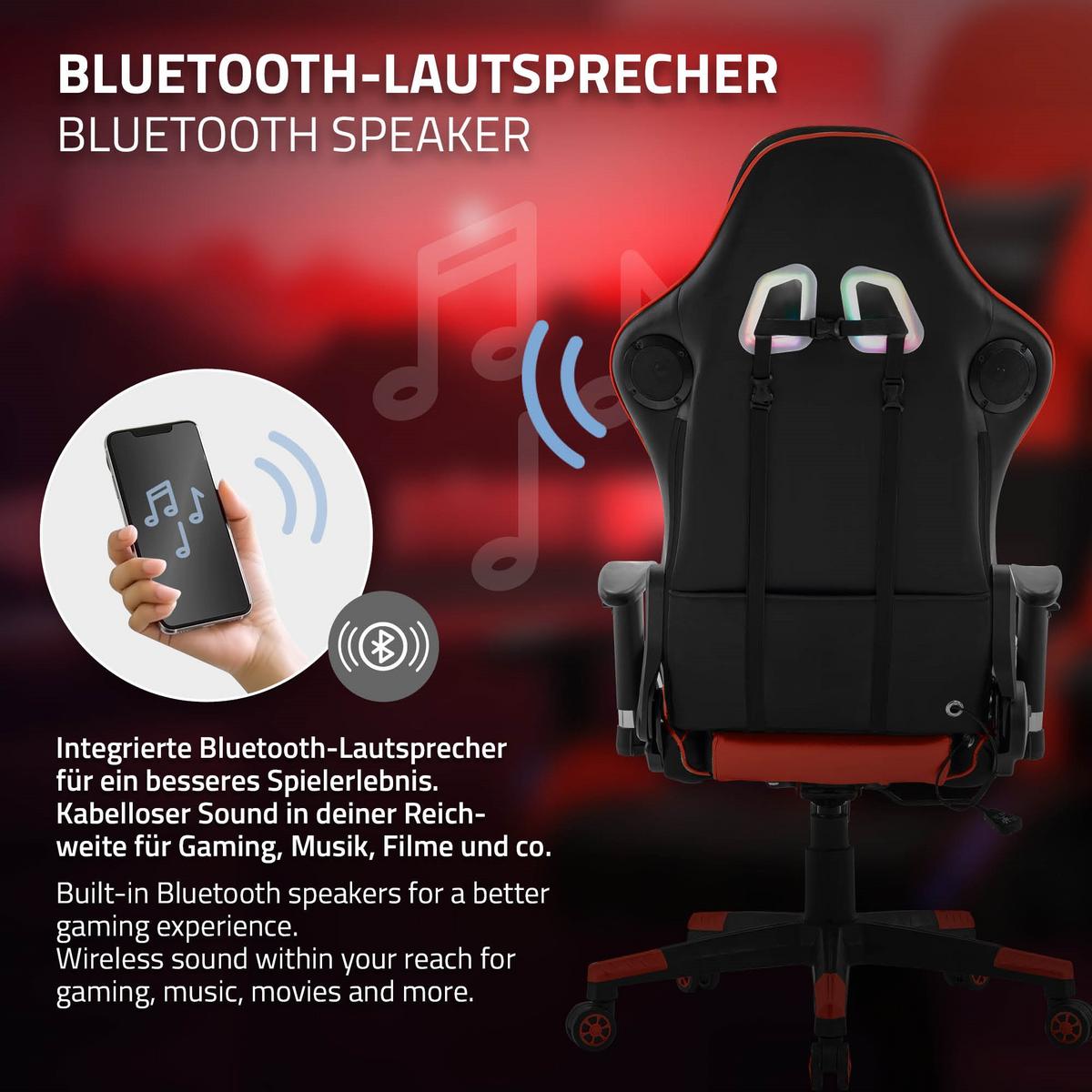 GAMINGSTUHL mit RGB Licht und Lautsprecher, Rot, aus Kunstleder - Rot/Schwarz, Kunststoff/Metall (72/133/72cm) - ML-DESIGN