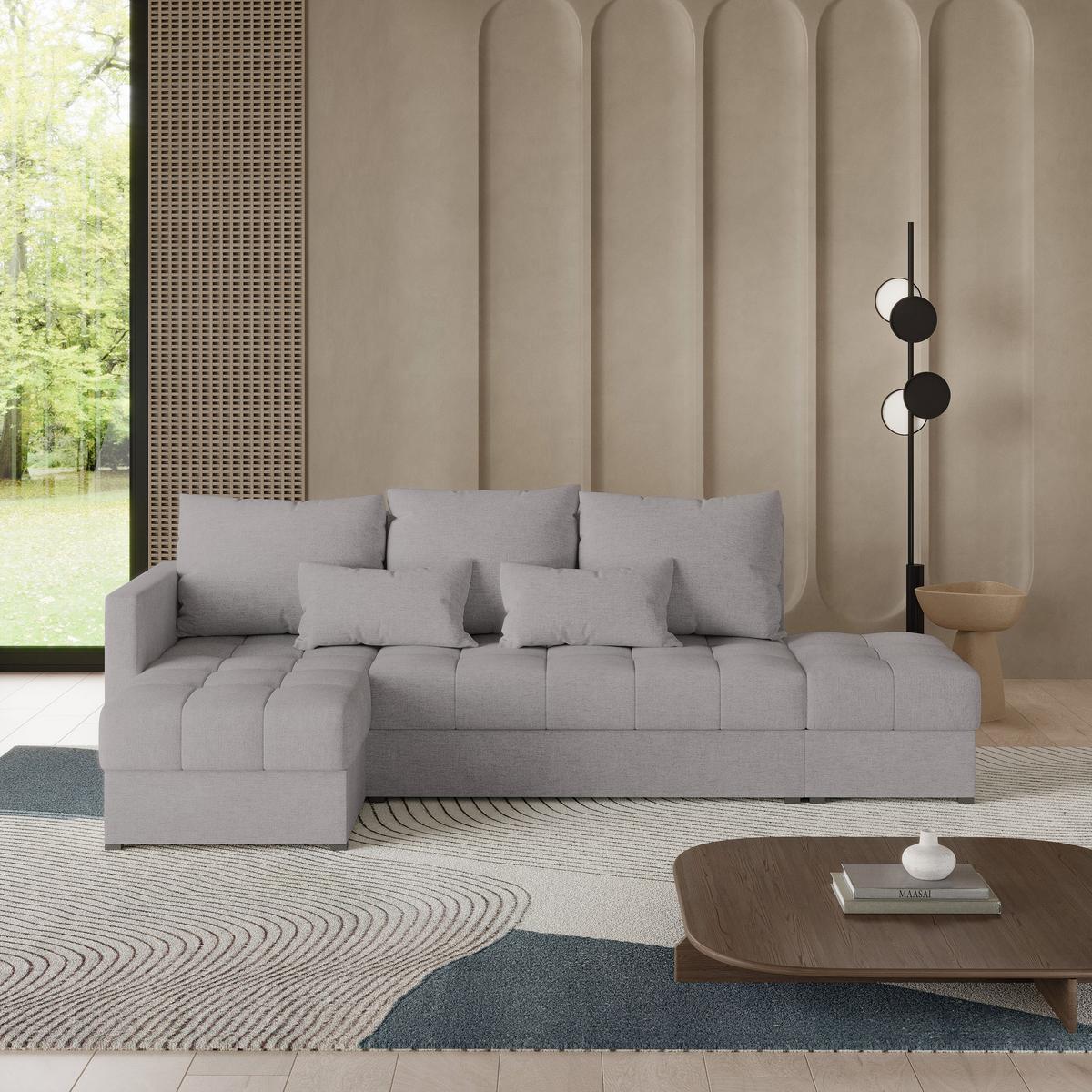 ECKSOFA LUMARI L-S Hellgrau Plüsch-Stoff mit Schlaffunktion - Hellgrau, Holz (262/143cm) - MASSENO