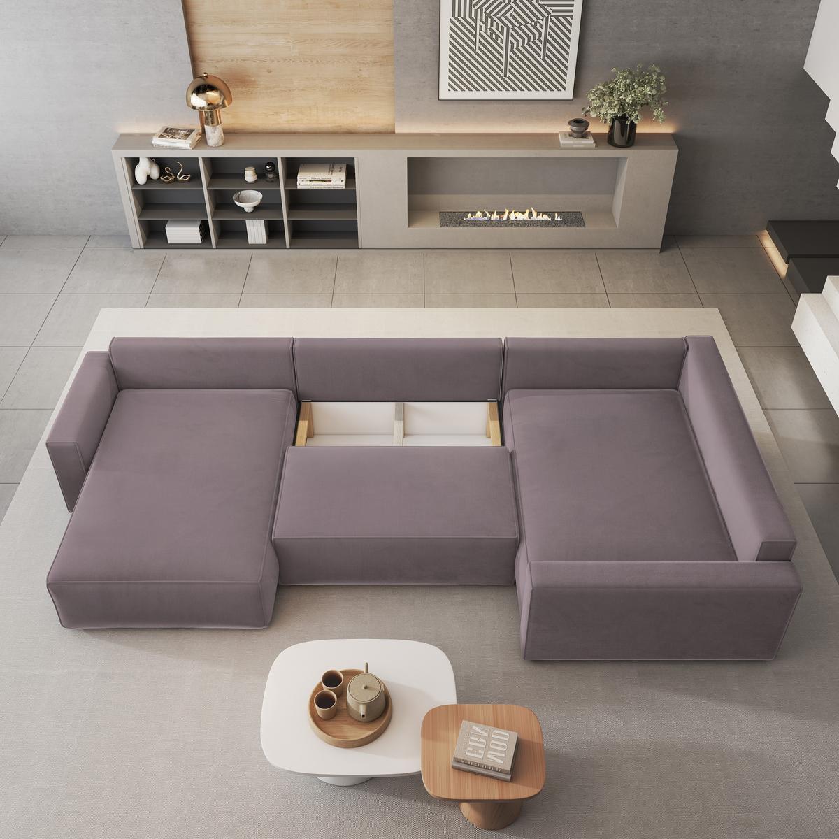 WOHNLANDSCHAFT VELAMI R-S Lila Velours-Stoff mit Schlaffunktion - Lila, Holz (365/83/194cm) - MASSENO