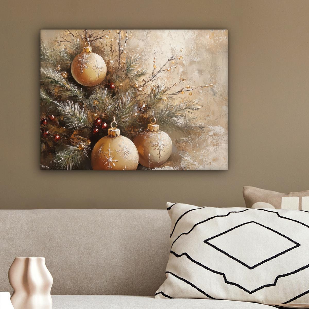 LEINWANDBILD Weihnachten - Kugeln - Beige - Gold Wandbild 40x30 cm - Goldfarben, Textil (40/30cm) - MuchoWow