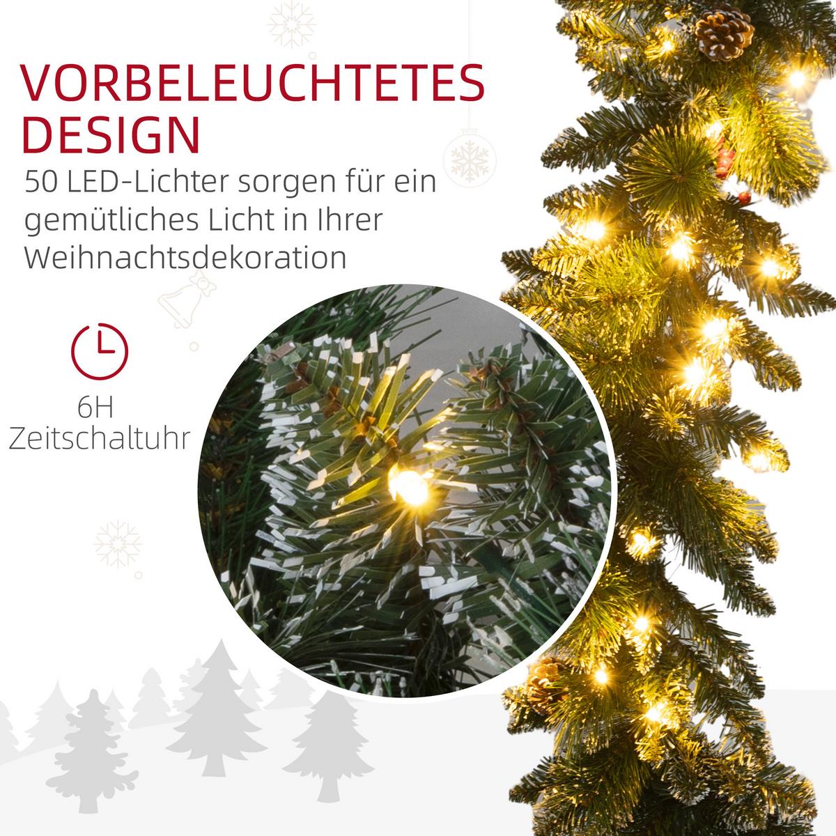 1,8 m künstliche Weihnachtsgirlande mit Lichterkette Blumendekoration Grün - Grün, Kunststoff (180cm) - HOMCOM