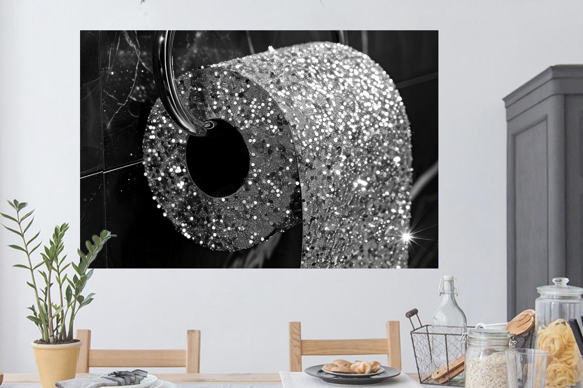 WANDTATTOO WC - Toilettenpapier - Schwarz und weiß - Glitter Wandsticker 120x80 cm - Silberfarben, Kunststoff (120/80/0.1cm) - MuchoWow