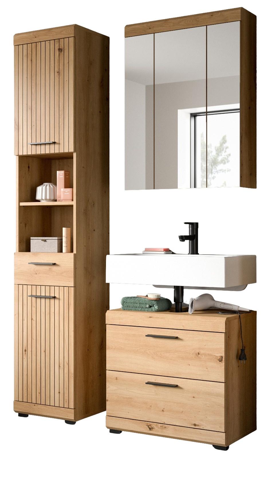 BADMÖBEL-SET Eiche Artisan 3-teilig 112 x 191 cm, Badkombination in modernem Design - Schwarz/Eiche Artisan, Glas/Holzwerkstoff (112/191/34cm) - Inn.Furn