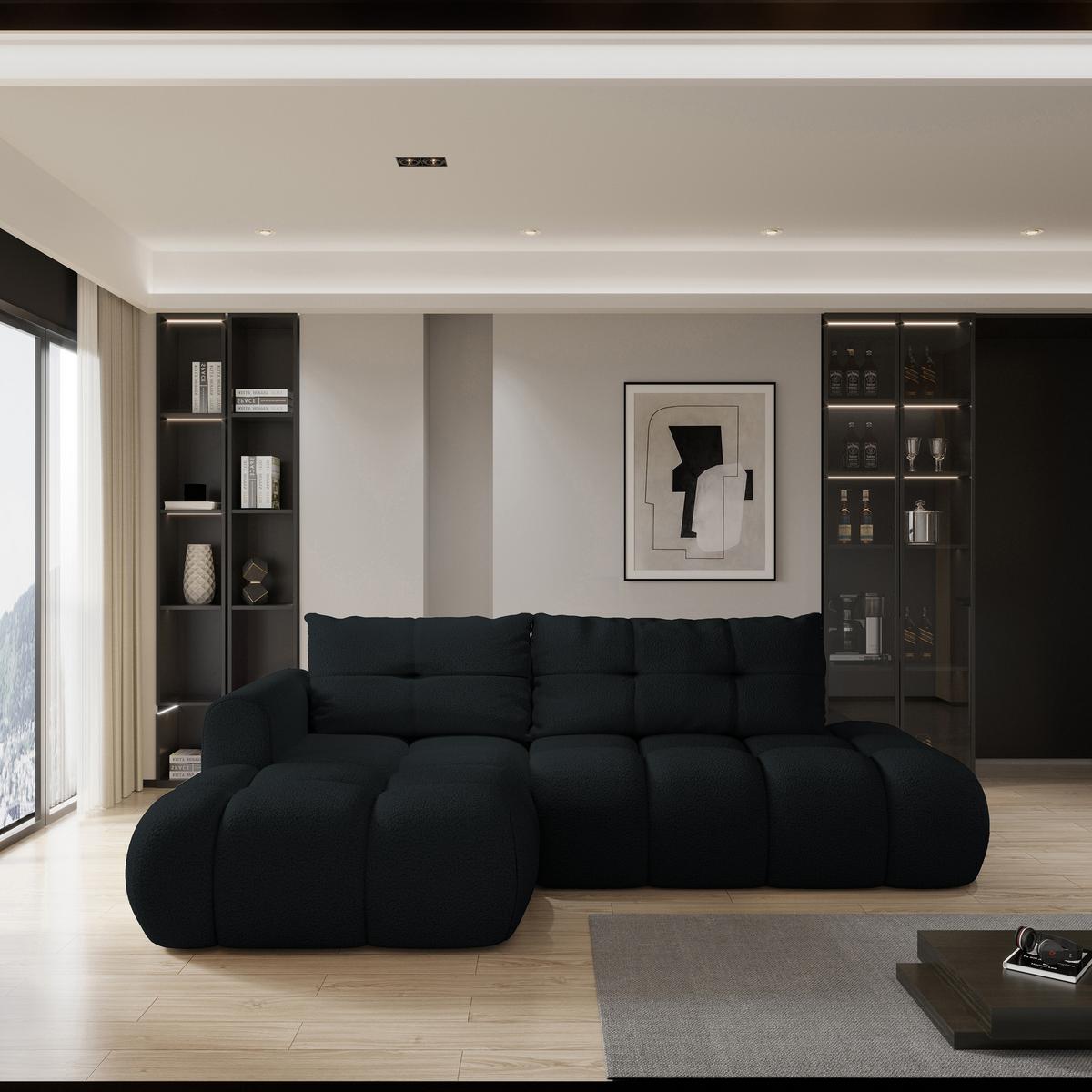 ECKSOFA FLUMA L-S Schwarz Boucle-Stoff mit Schlaffunktion - Schwarz, Holz (279/158cm) - MASSENO