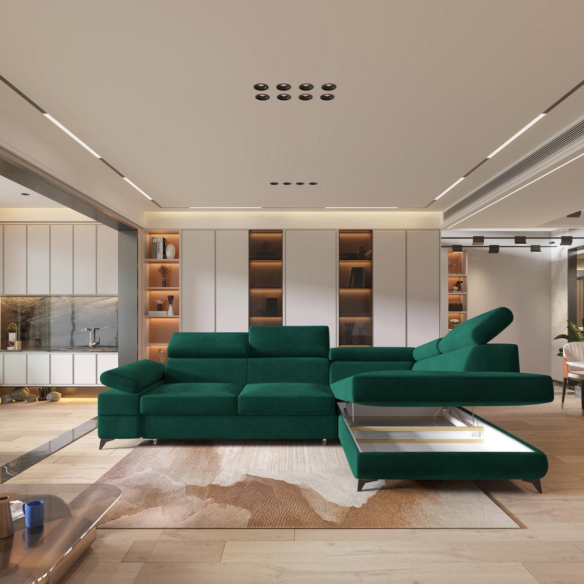 ECKSOFA FAVIEN R-S Grün Velours-Stoff mit Schlaffunktion - Grün, Holz (257/190cm) - MASSENO
