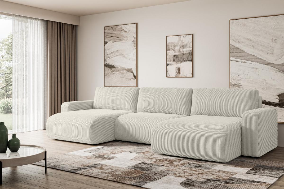 WOHNLANDSCHAFT mit Schlaffunktion und Bettkasten KLEEA-U - 347x143x83 cm Creme Cord - Hellgrau/Creme, Holzwerkstoff/Kunststoff (347/83/143cm) - ALTDECOR