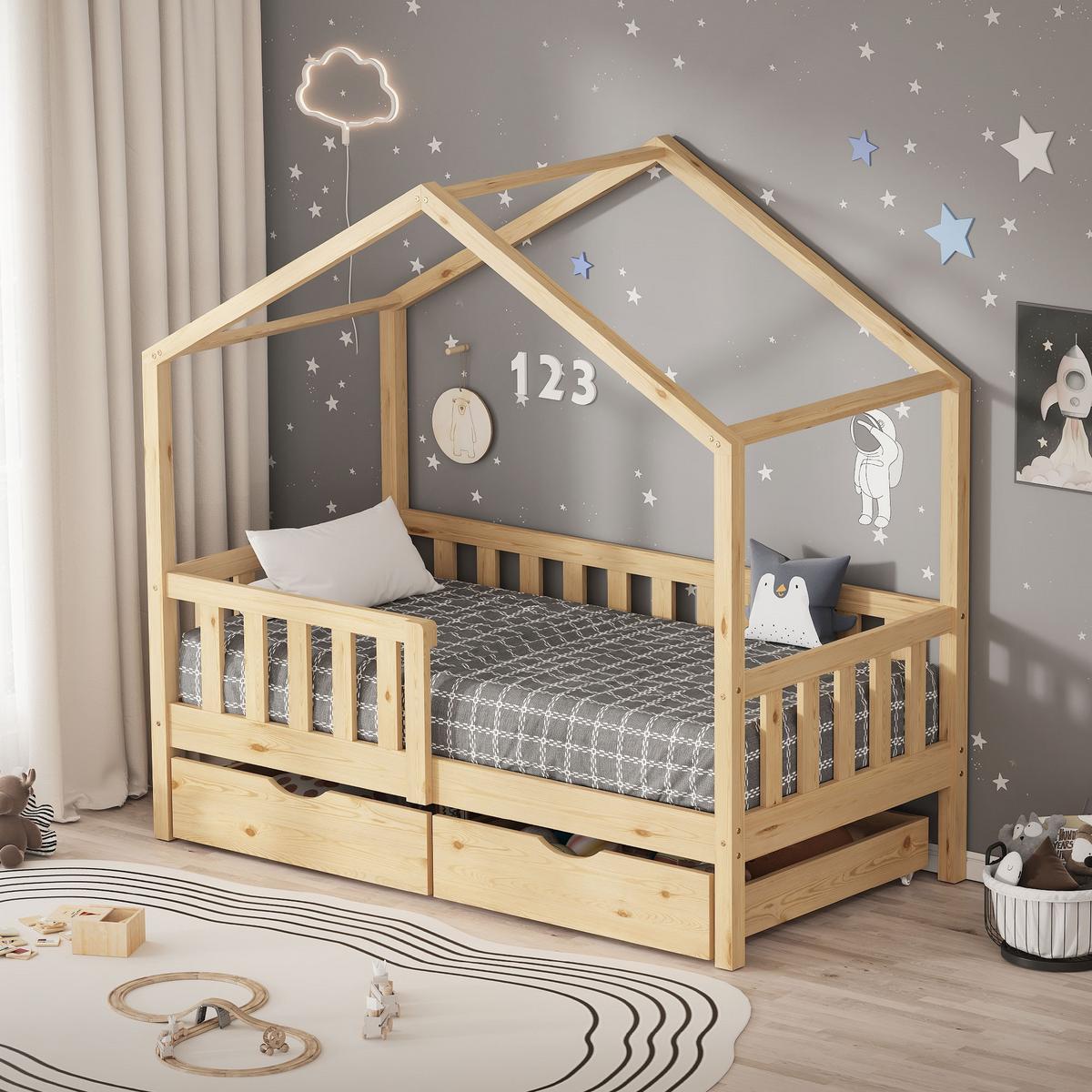 HAUSBETT 70x140 cm Natur aus Kiefernholz mit 2 Schubladen und Rausfallschutz - Beige, Holz (70/140cm) - ML-DESIGN