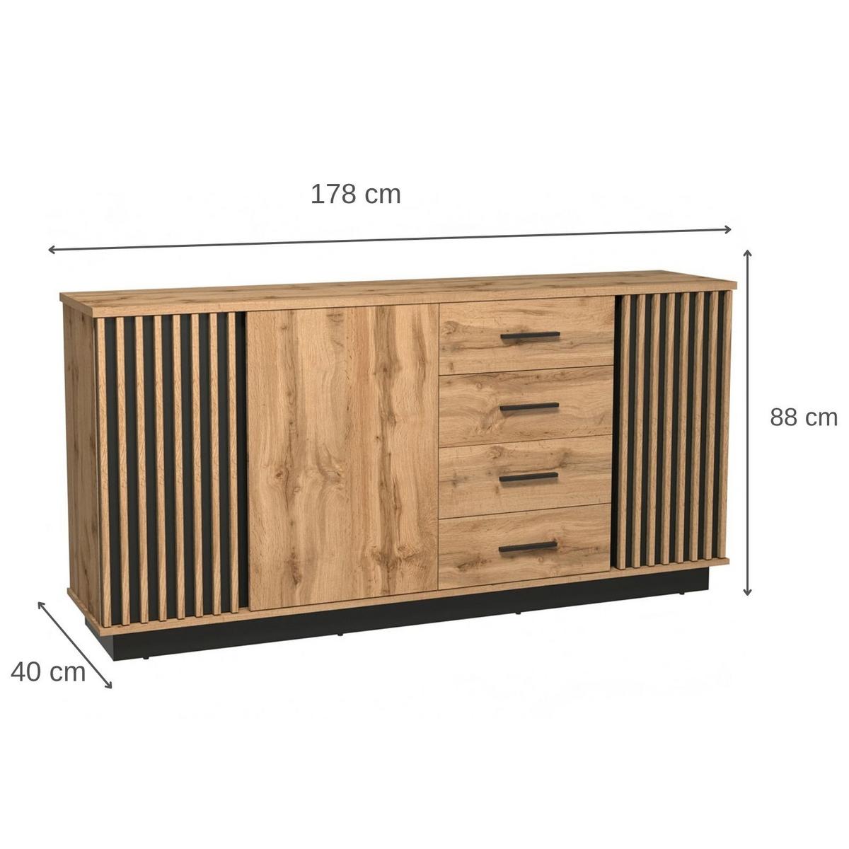 KOMMODE Lamelo mit 3 Türen und 4 Schubladen, Lamellenfront, 180 cm, Eiche Wotan - Eiche Wotan, Holzwerkstoff (178/88/40cm) - Beautysofa