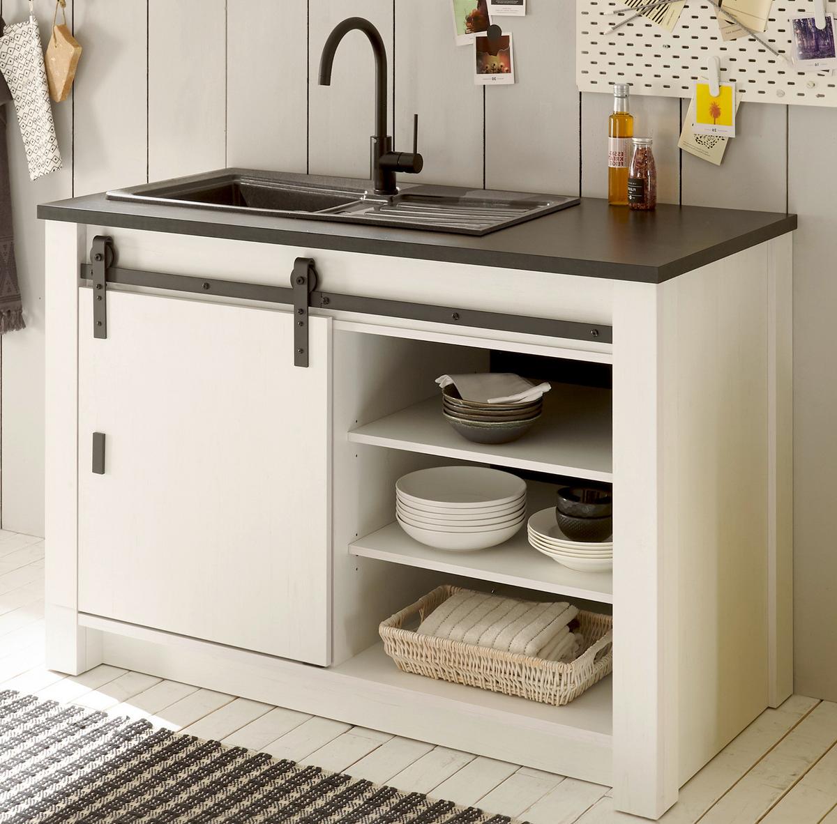 KÜCHEN-SET weiß Pinie, anthrazit 3-teilig 196 cm, Küchenschrank Set im Landhaus-Stil - Anthrazit/Schwarz, Holzwerkstoff/Metall (196/180/64cm) - Furn.Design