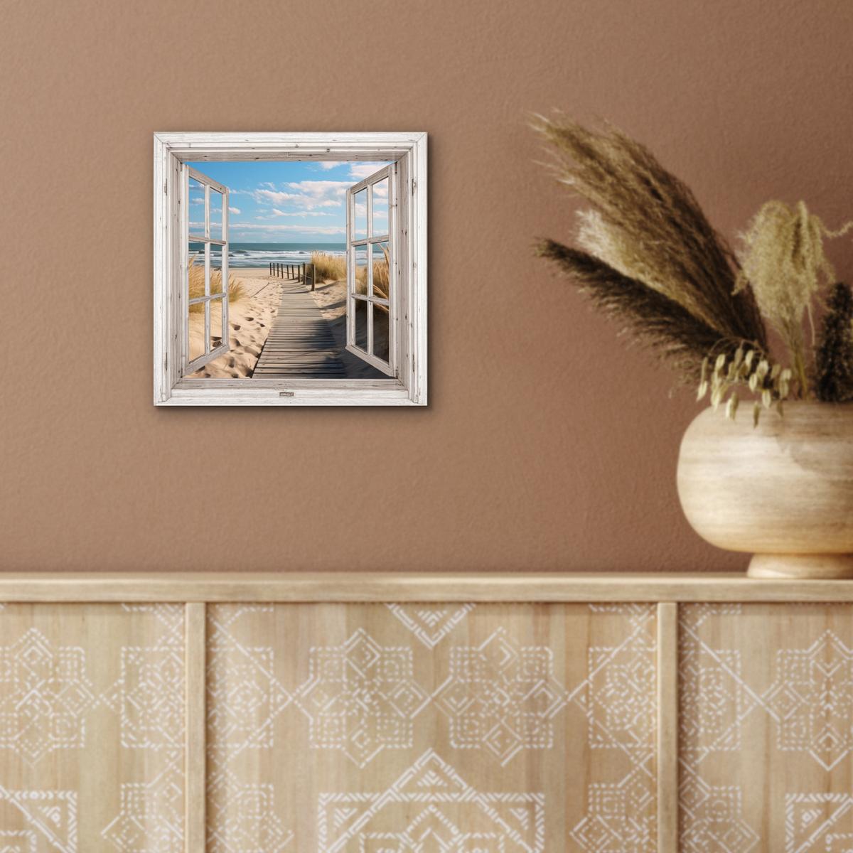 METALLBILD Fenster - Meer - Küste - Natur - Ausblick - Strand - Wattenmeer 20x20 cm - Beige, Metall (20/20cm) - MuchoWow