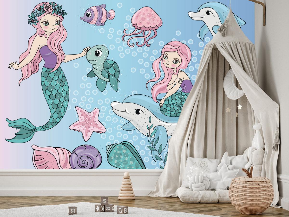 FOTOTAPETE für Kinderzimmer Meerjungfrauen Delfine Fische Muscheln Qualle Schildkröte 350x256 - Multicolor, Papier (350/256cm) - Muralo
