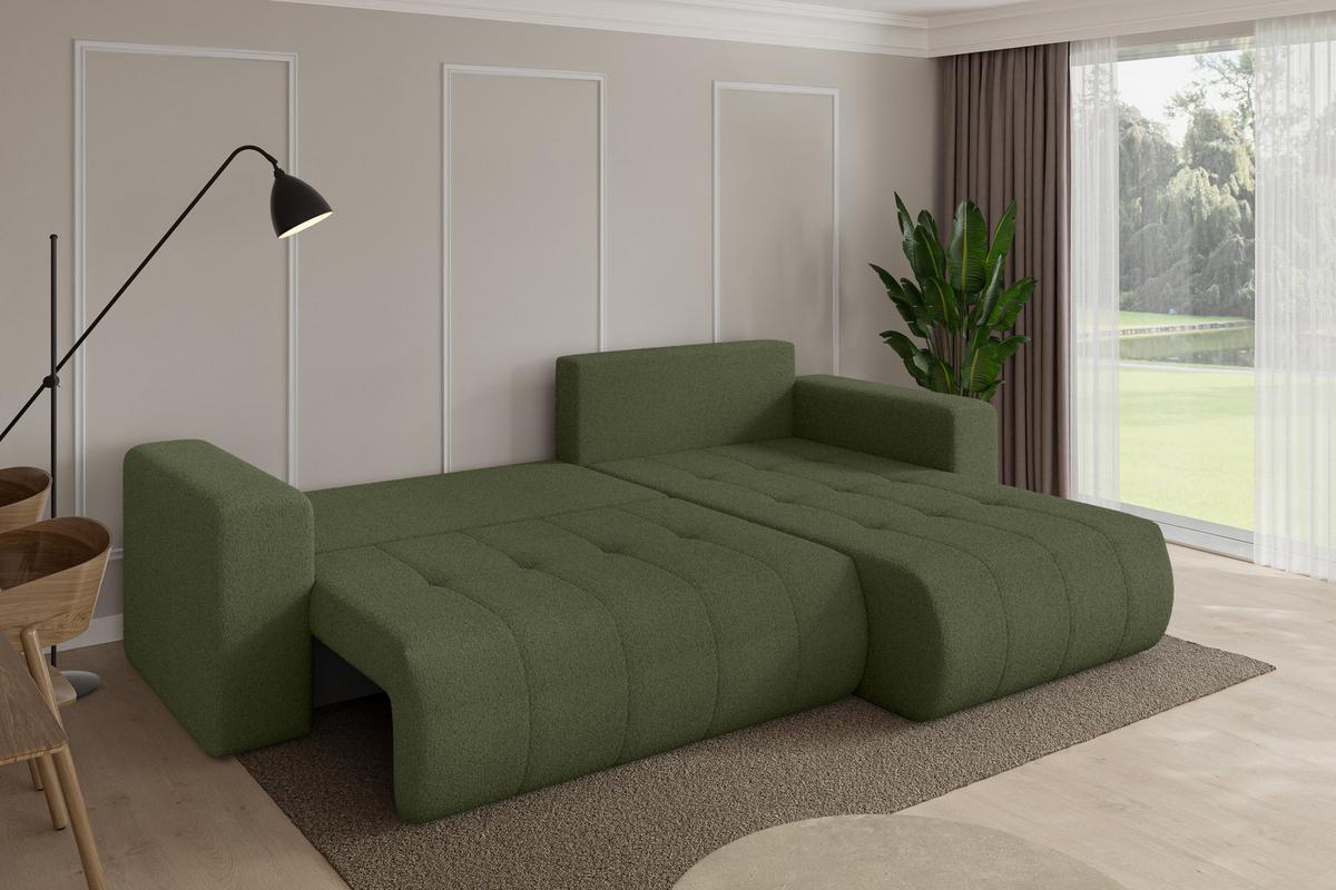 ECKSOFA mit Schlaffunktion Ottomane Rechts MILA-L 277x194x86 Grün Bouclé - Schwarz/Olivgrün, Holzwerkstoff/Kunststoff (277/194cm) - ALTDECOR
