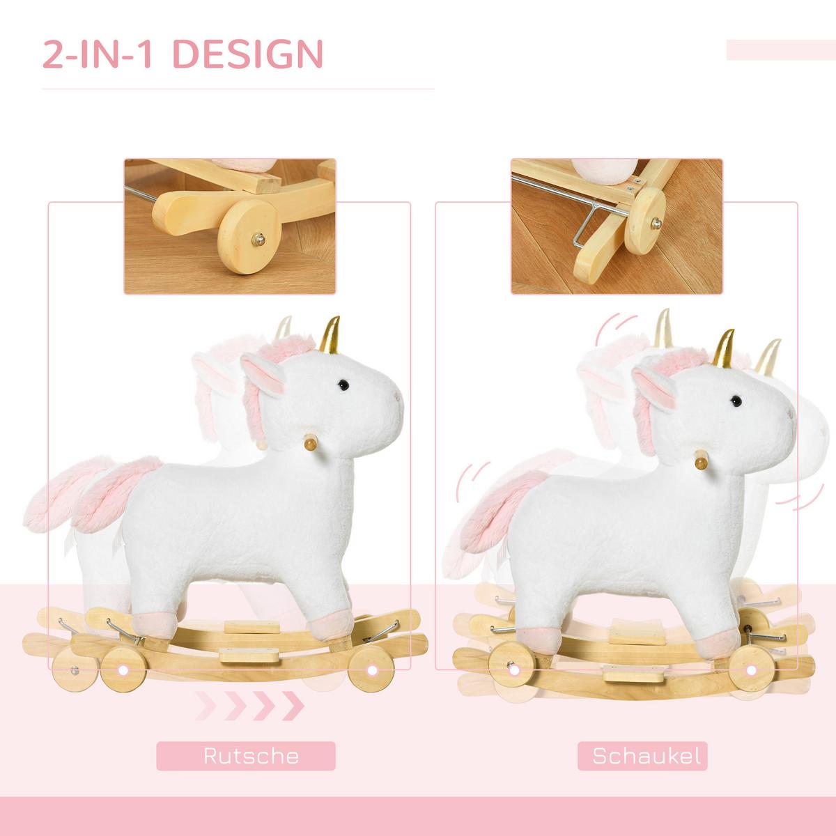 SCHAUKELPFERD 2-IN-1 Schaukeltier Babyschaukel Spielzeug Kinder Einhorn-Design - Weiß, Holz (38/63/63cm) - HOMCOM