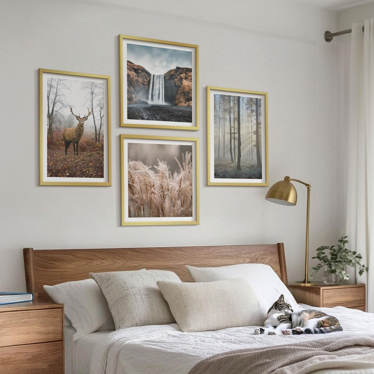 BILDER SET 4er Set - 50x50 cm & 40x60 cm Goldrahmen - Waldlandschaften der Wildnis - Goldfarben, Kunststoff (50/50cm) - TULUP