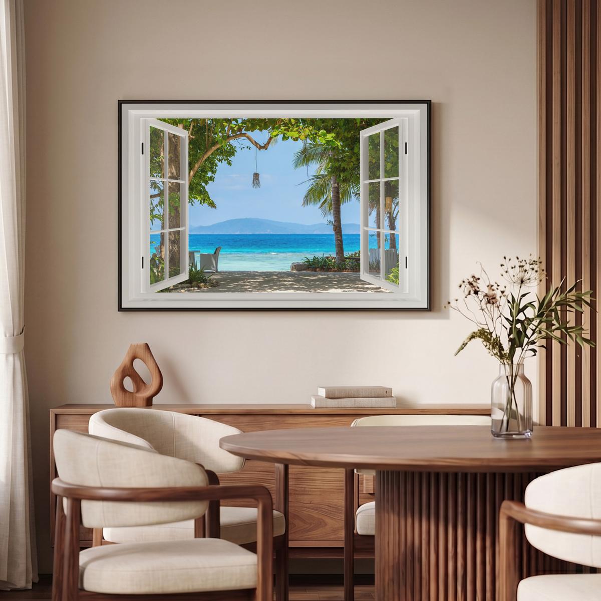 LEINWAND Bilder mit Rahmen - Aussicht - Baum - Meer - Palme - Hügel - Strand - Blau - 90x60 - Blau, Textil (90/60cm) - MuchoWow