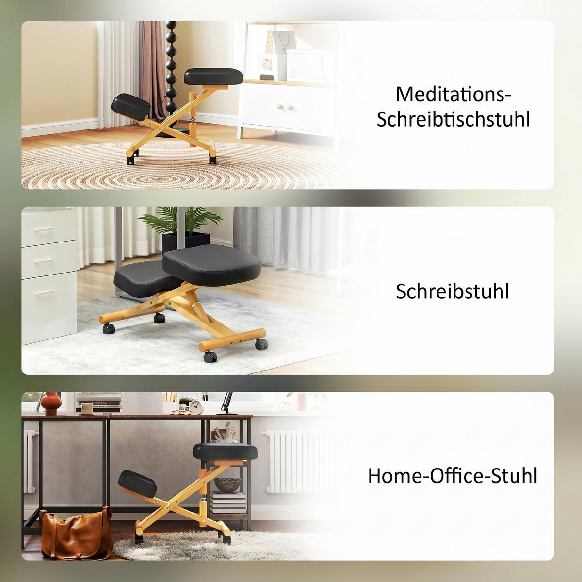 KNIESTUHL Kunstleder Gummibaumholz Schwarz - Schwarz, Holz (42/47/70cm) - HOMCOM