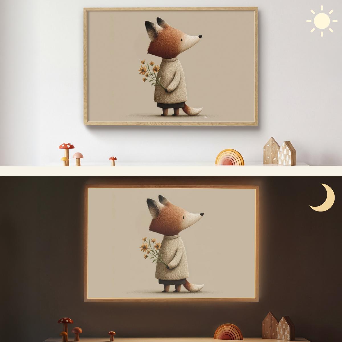 WANDLEUCHTE MIT AKKU Fuchs - Gelbe Blumen - Minimalistisch 100x70 cm - Taupe, Holzwerkstoff (100/70/8cm) - OnlyWow