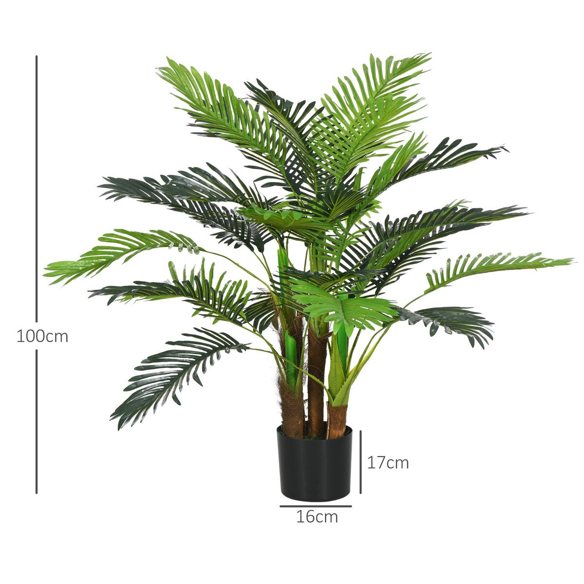 KÜNSTLICHE Pflanzen, Kunst Palme, 100 cm Kunstpflanze mit 27 Zweige Grün - Grün, Kunststoff (100cm) - HOMCOM