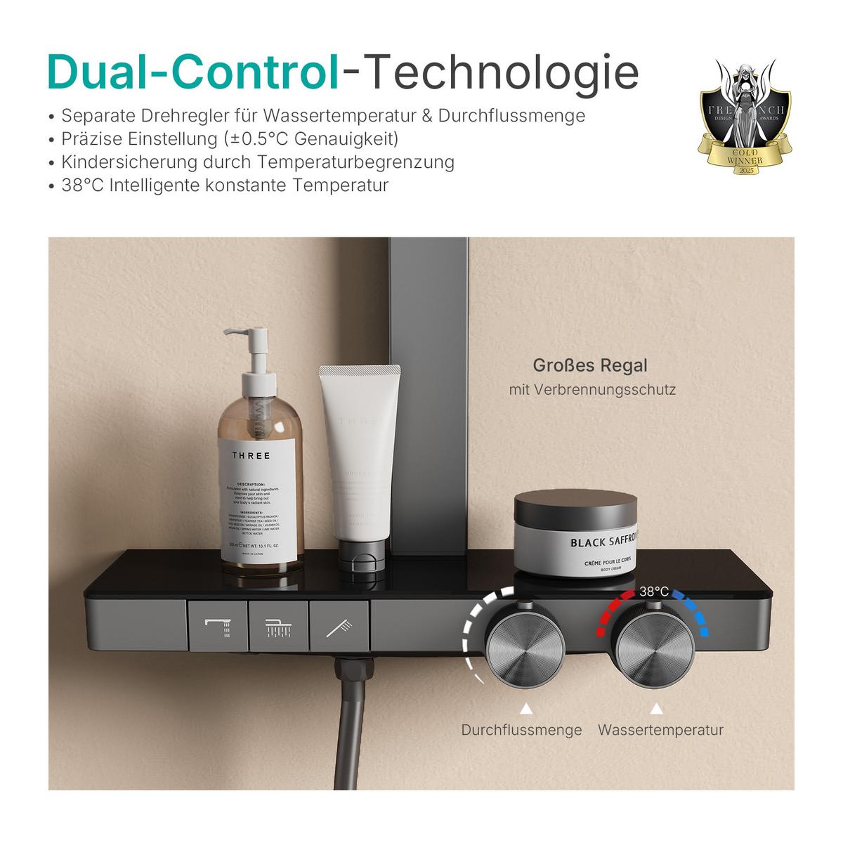 ÜBERKOPFBRAUSESET mit Thermostat Einstellbarer Durchfluss 4-Strahl 105/40,2/57,3 cm - Anthrazit, Metall (40.2/105/57.3cm) - EMKE