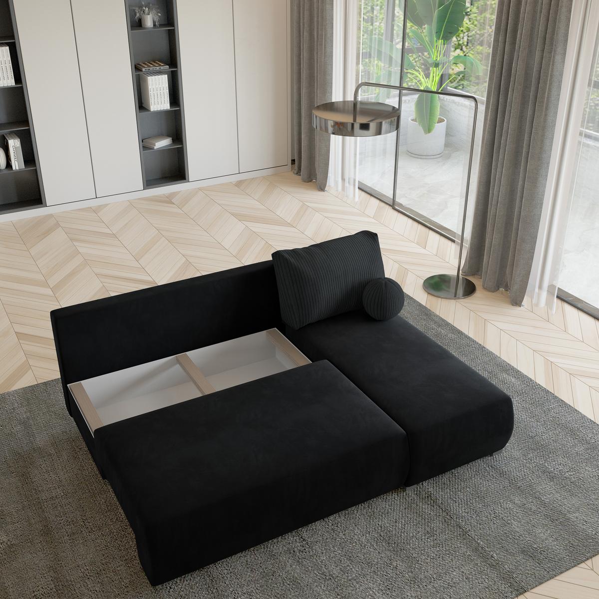 ECKSOFA PARVELO Schwarz Plüsch-Stoff mit Schlaffunktion - Schwarz, Holz (200/143cm) - MASSENO