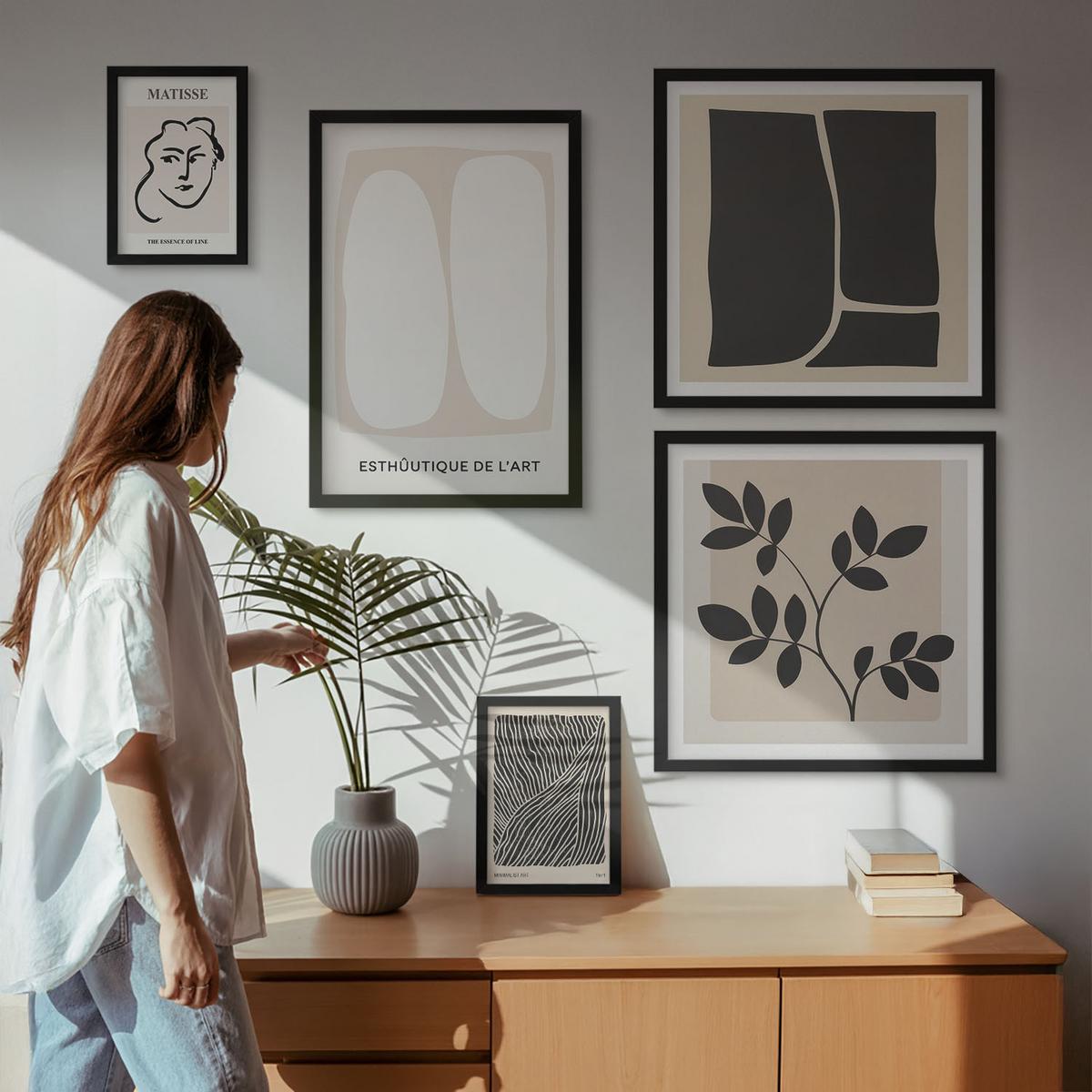 BILDER SET 5er Set - 50x50 cm & 20x30 cm & 40x60 cm Schwarzer Rahmen - Minimalistische Pflanzenmuster - Schwarz, Kunststoff (40/60cm) - TULUP