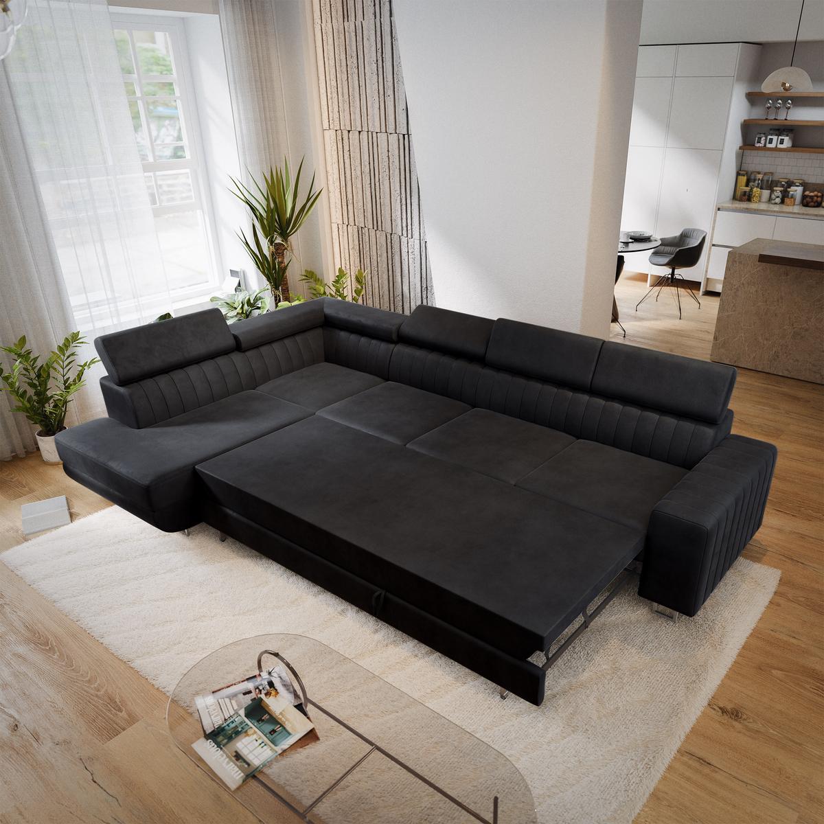 ECKSOFA HESTION Schwarz Velours-Stoff mit Schlaffunktion - Schwarz, Holz (332/190cm) - MASSENO