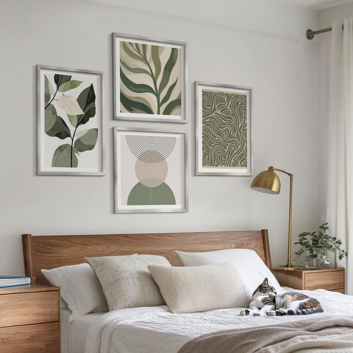 BILDER SET 4er Set - 50x50 cm & 40x60 cm Silberner Rahmen - Blätter geometrische Formen abstrakt - Silberfarben, Kunststoff (50/50cm) - TULUP