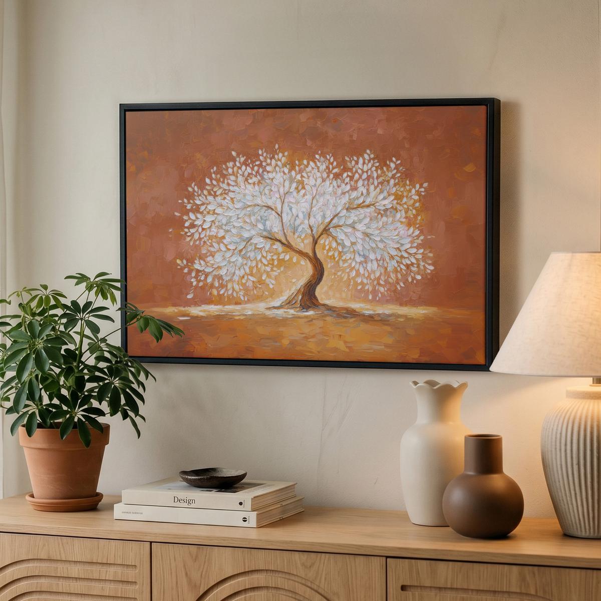 LEINWAND Bilder mit Rahmen - Abstrakt - Baum - Weiß - Blätter - 60x40 - Braun, Textil (60/40cm) - MuchoWow