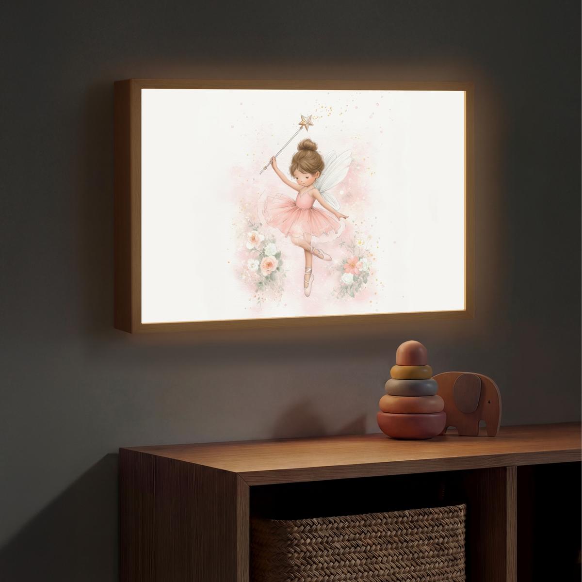 WANDLEUCHTE MIT AKKU Ballerina - Fee - Blumen - Rosa 60x40 cm - Rosa, Holzwerkstoff (60/40/8cm) - OnlyWow