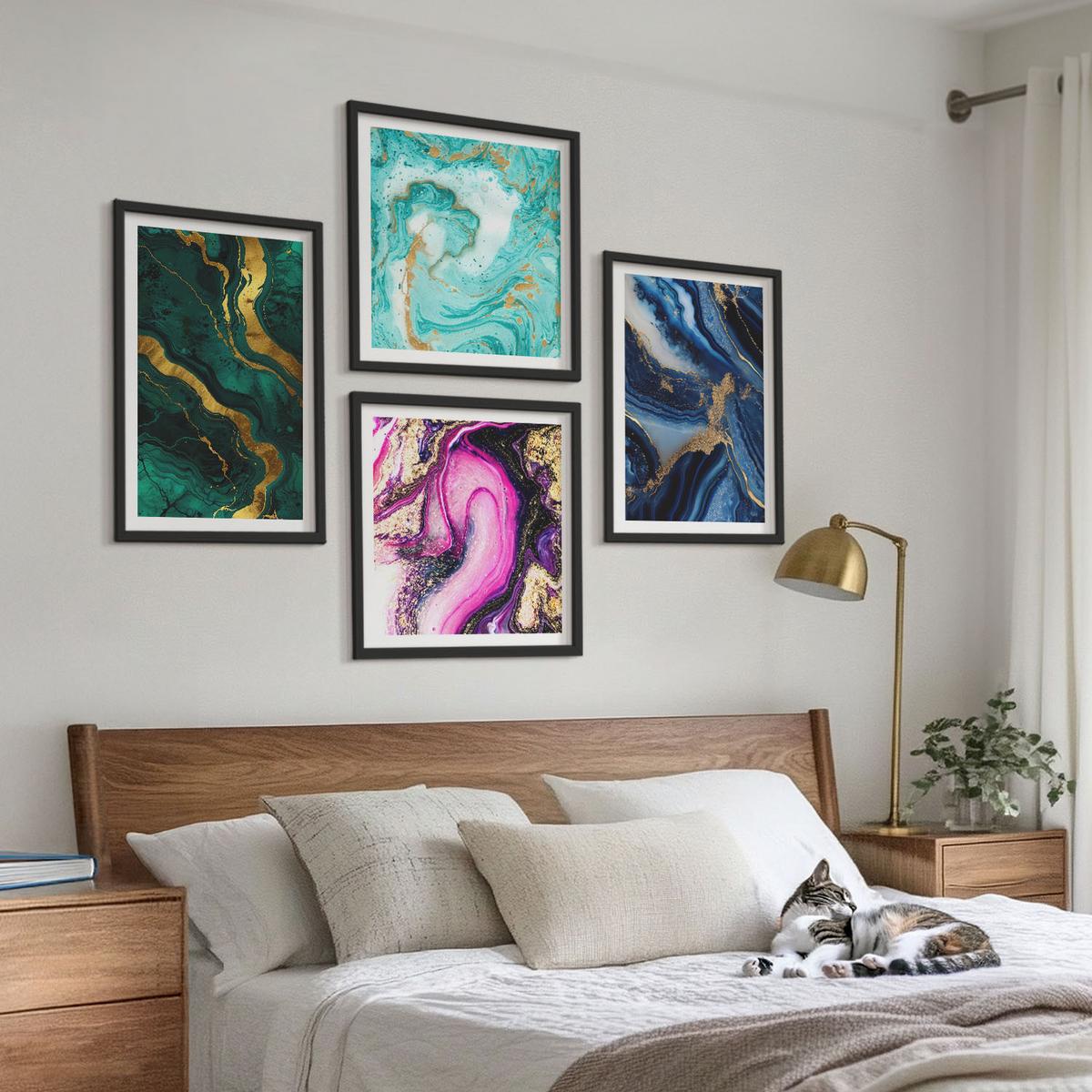 BILDER SET 4er Set - 50x50 cm & 40x60 cm Schwarzer Rahmen - Abstrakte Muster in Rosa, Grün und Blau - Schwarz, Kunststoff (50/50cm) - TULUP