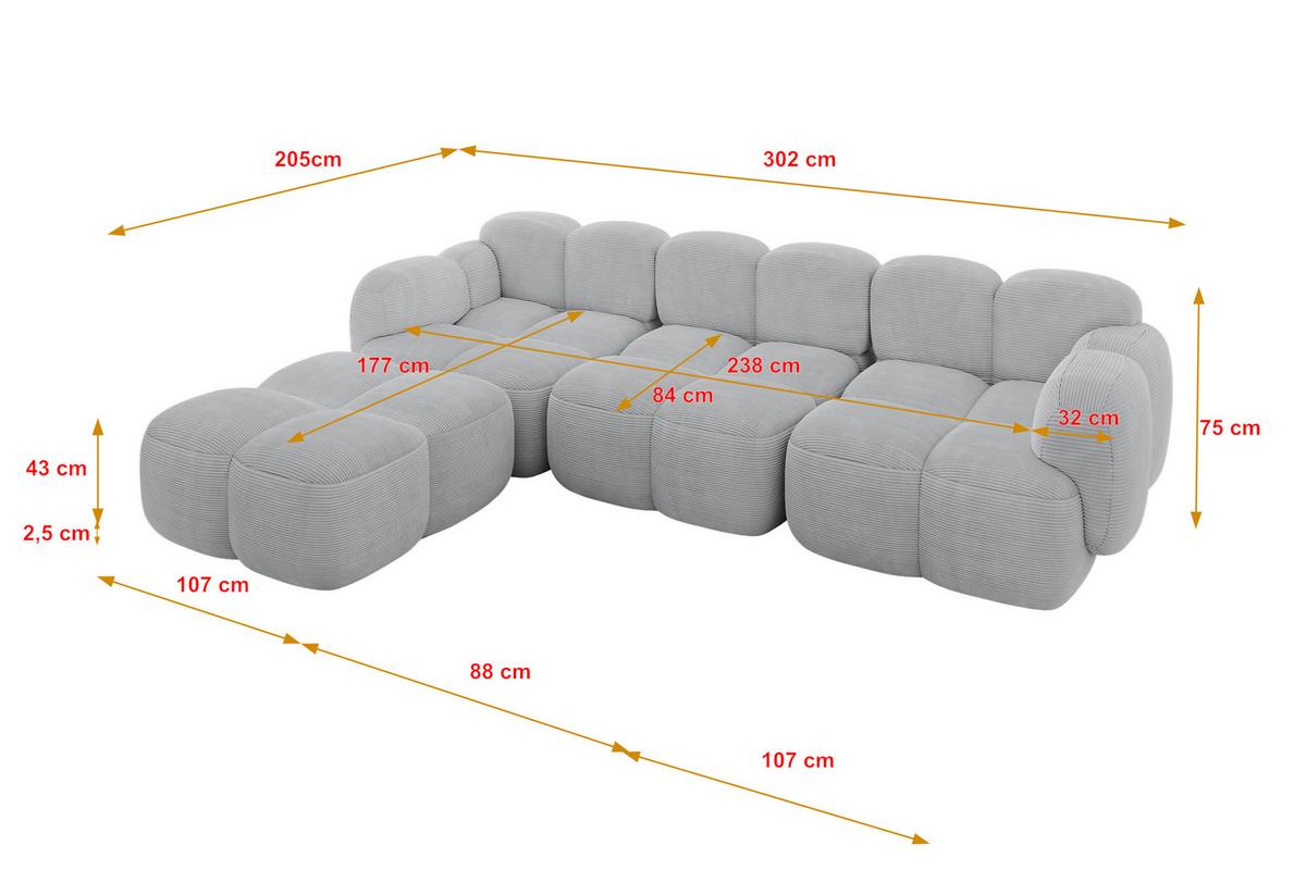 ECKSOFA modulares Sofa Links Miko-L2 302x205x75 Grau Cord - Anthrazit/Schwarz, Holzwerkstoff/Kunststoff (302/205cm) - ALTDECOR