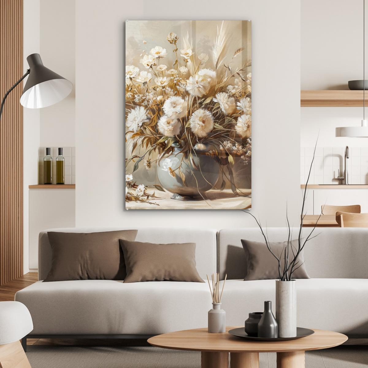 ACRYLGLASBILD Blumen - Vase - Stilleben - Beige 80x120 cm - Creme, Glas (80/120cm) - MuchoWow