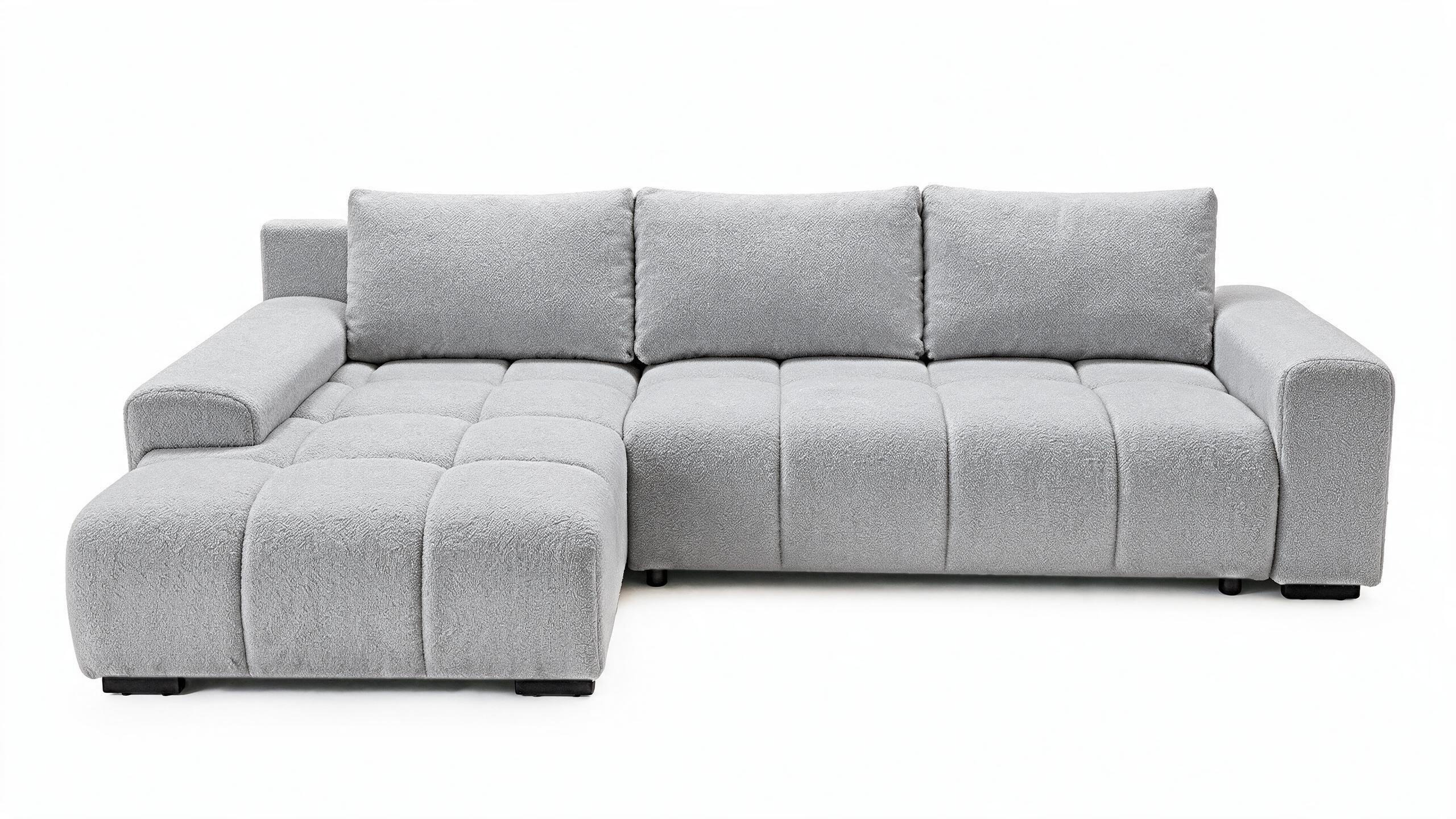ECKSOFA Ovia mit Bettkasten und Schlaffunktion, Bouclé-Stoff in L-Form - Hellgrau, Textil (270/185cm)