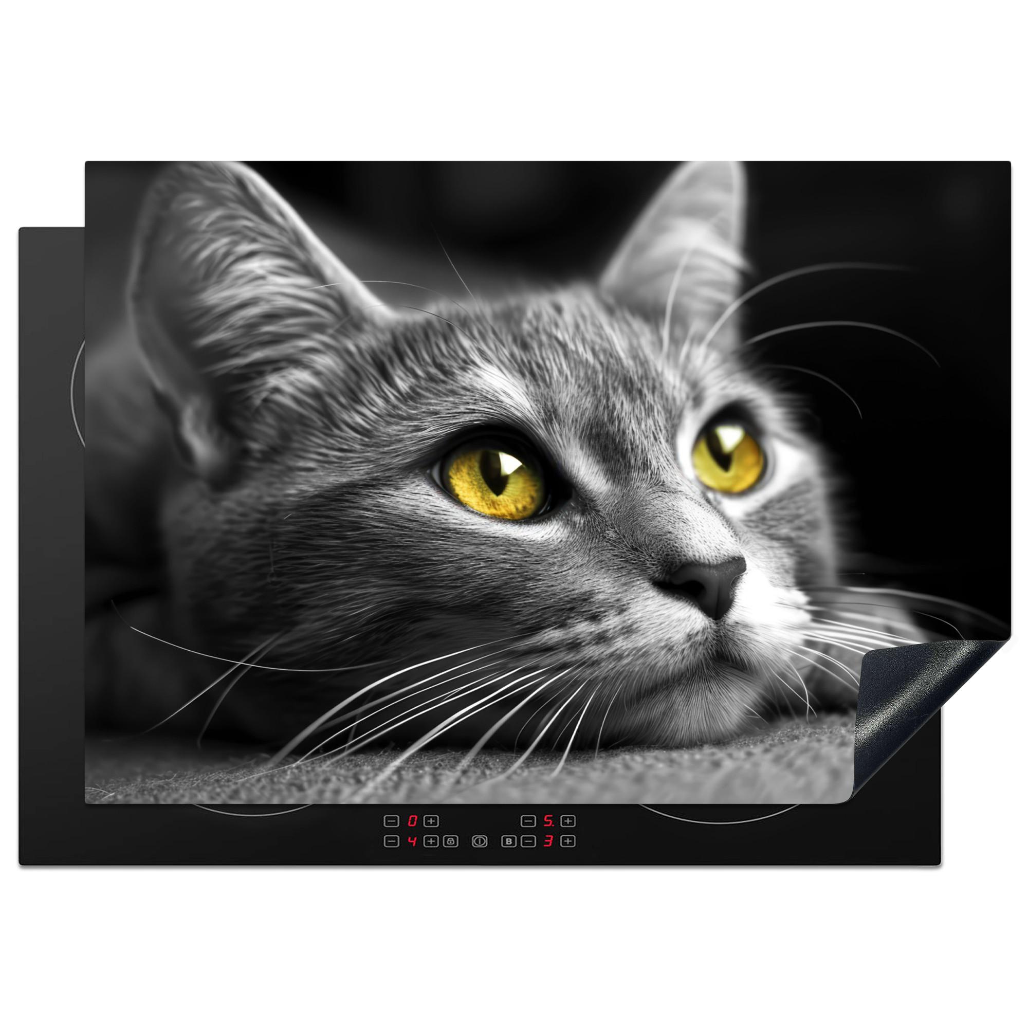 HERDABDECKPLATTE Katze - Grau - Tiere - Katze Herdabdeckung Induktionsfeld 75x52 cm - Grau, Kunststoff (75/52/0.2cm) - MuchoWow