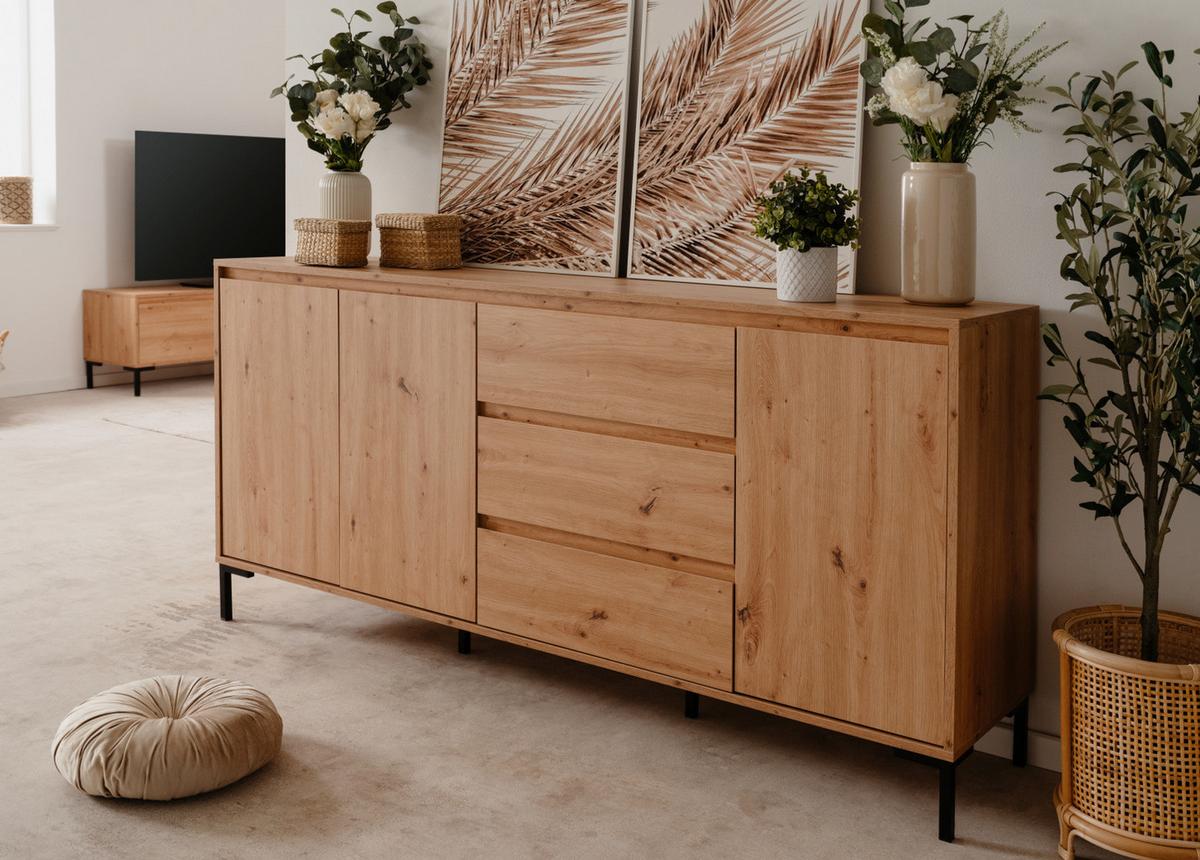 SIDEBOARD Eiche Artisan 170 x 87 cm, Kommode mit viel Stauraum - Schwarz/Eiche Artisan, Holzwerkstoff/Metall (170/87/40cm) - Furn.Design