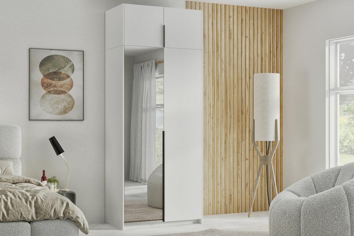 DREHTÜRENSCHRANK THALIA 100/250/58cm 2-türig mit Spiegel Weiß - Weiß, Holzwerkstoff (100/250/58cm) - MASSENO