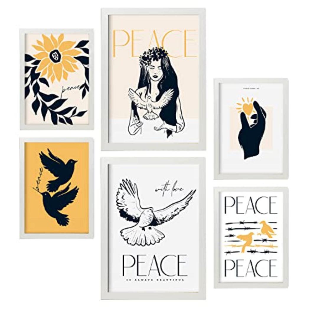 POSTER Set Mit 6 In Schwarzer Tinte Frieden Und Liebe Kunstdrucke Von Meer Und Ozean Für Innenarchitektur A3 & A4 Weißer Rahmen - Weiß, Papier (29/3cm) - Nacnic