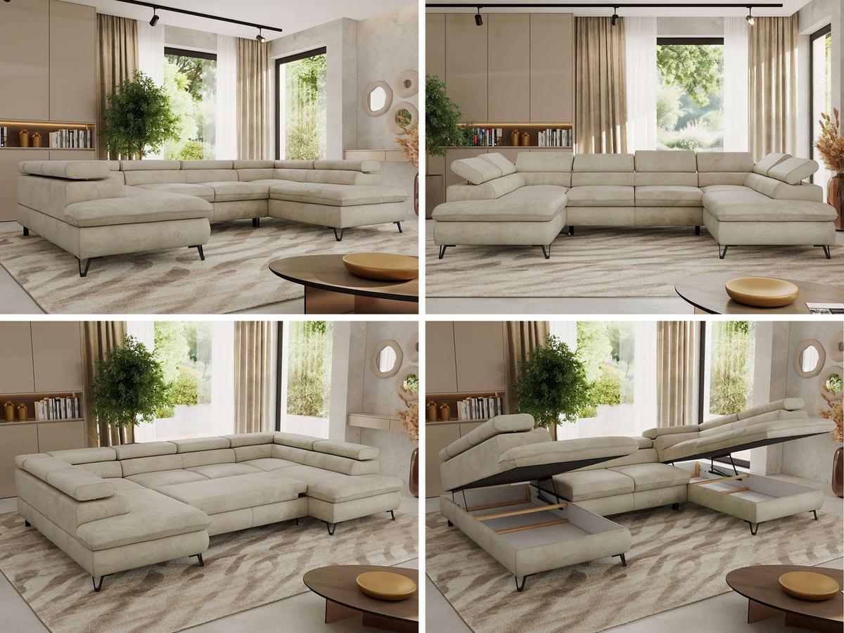 WOHNLANDSCHAFT PABLO U Velvet Beige mit Topper Visco - Beige/Schwarz, Textil/Metall (346/76/208cm) - MKS
