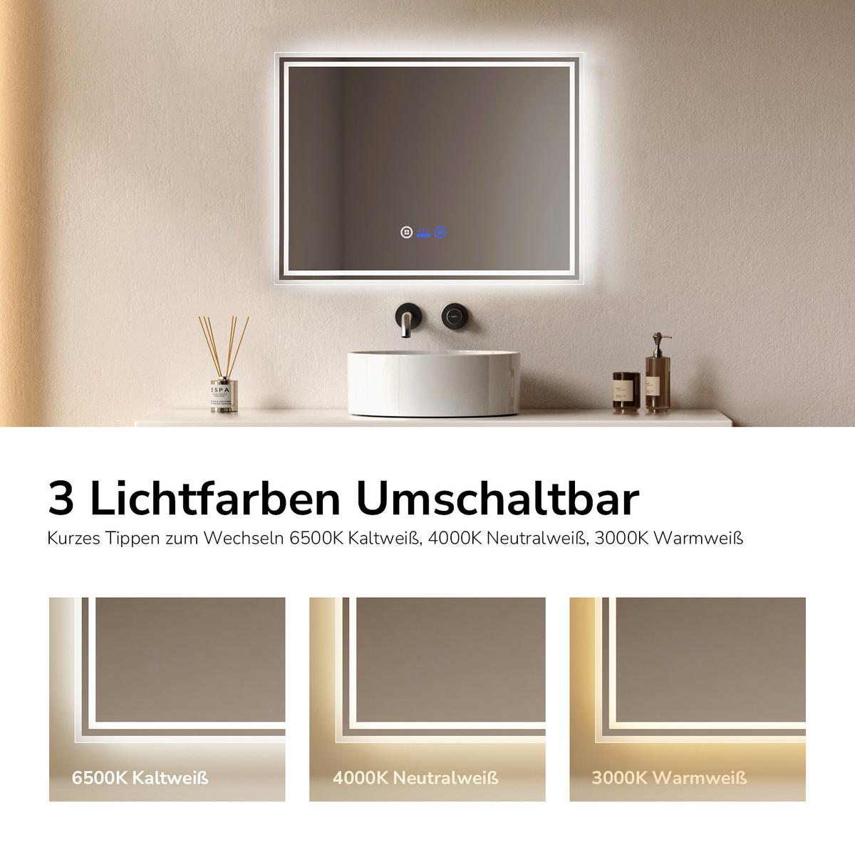 BADSPIEGEL mit Beleuchtung mit Bewegungssensor, 80/60/3,5 cm - Transparent, Glas (60/80/3.5cm) - EMKE