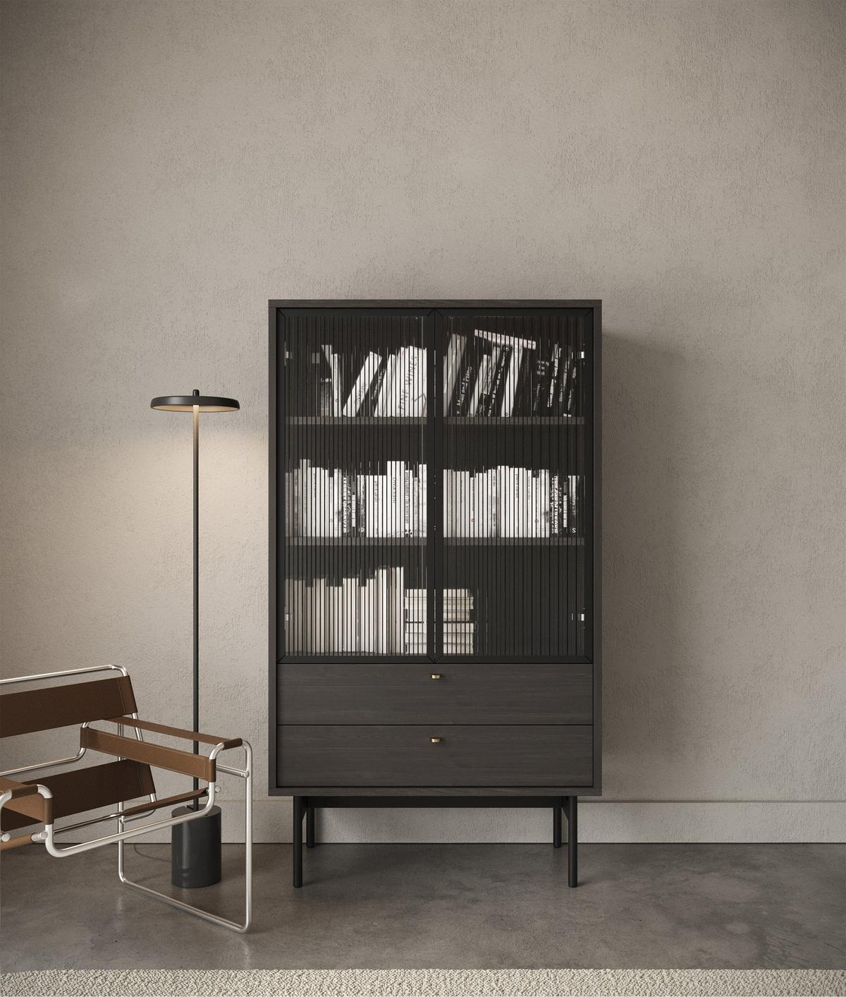VITRINE Olar II Holzoptik Esche Portland Schwarz 85 cm - Goldfarben/Schwarz, Holzwerkstoff/Metall (85/150/41cm) - Selsey
