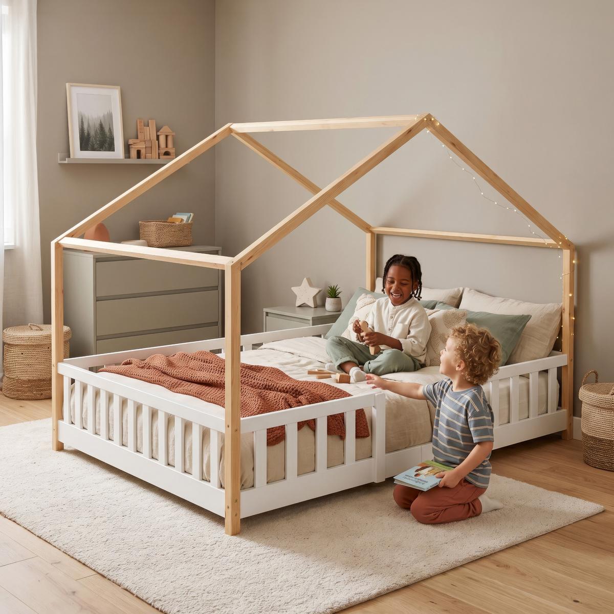HAUSBETT Treviolo - Weiß/Naturfarben, Holz (120/200cm) - [en.casa]