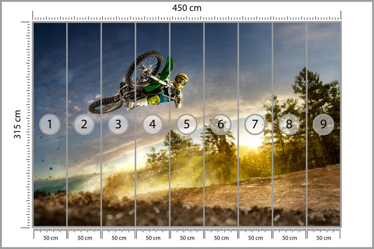 FOTOTAPETE für Jugendzimmer Motocross Sprung Berge Bäume 450x315 - Gelb/Beige, Papier (450/315cm) - Muralo
