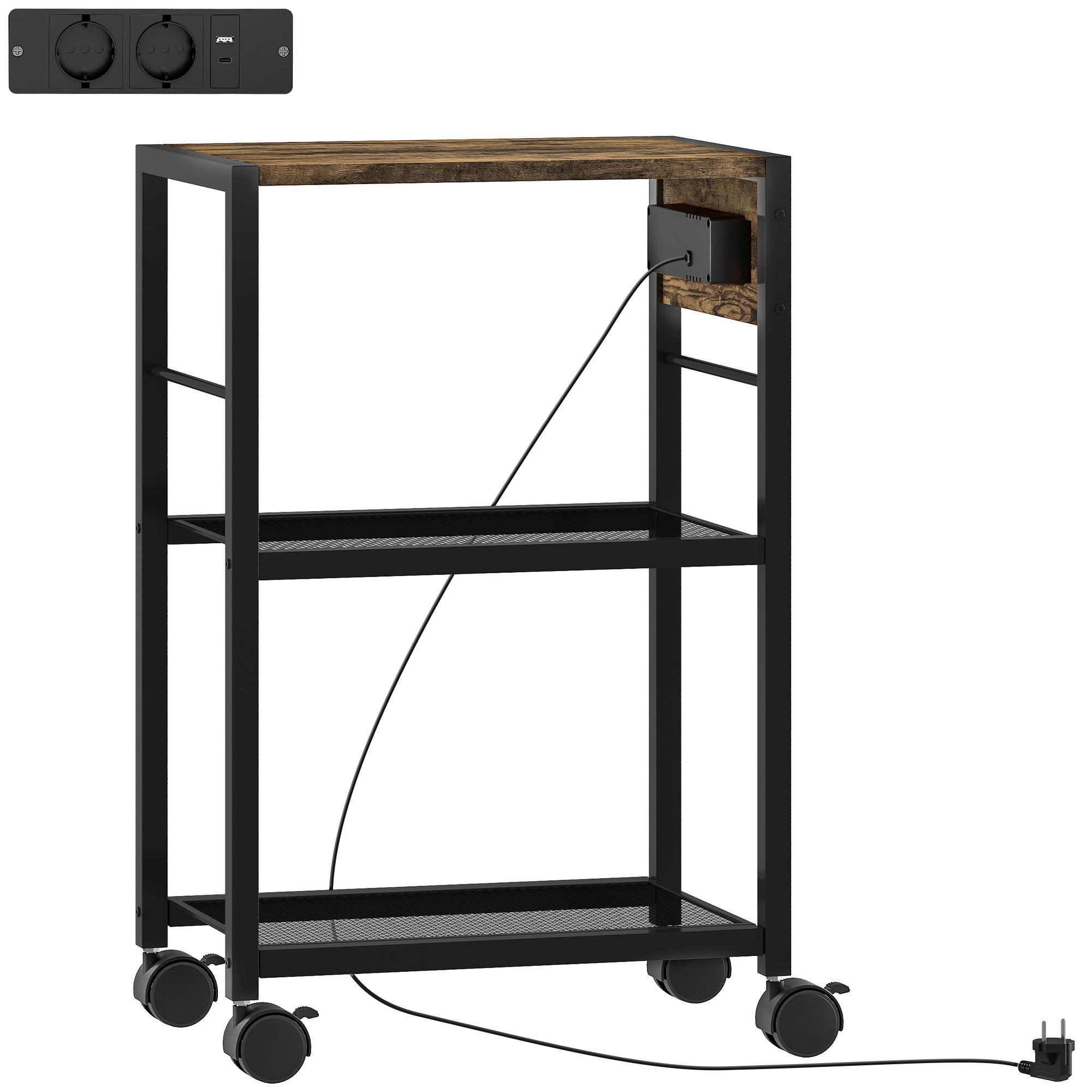DRUCKERSTÄNDER Druckeregal mit Rollen, Steckdosen, USB- und USB-C-Anschlüsse - Rostfarben/Schwarz, Holzwerkstoff/Metall (28/64.5/42cm) - HOMCOM