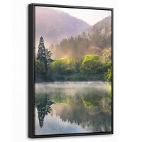 LEINWAND Bilder mit Rahmen - Natur - Bäume - Berge - See - Wasser - 40x60 - Hellgrün, Textil (40/60cm) - MuchoWow