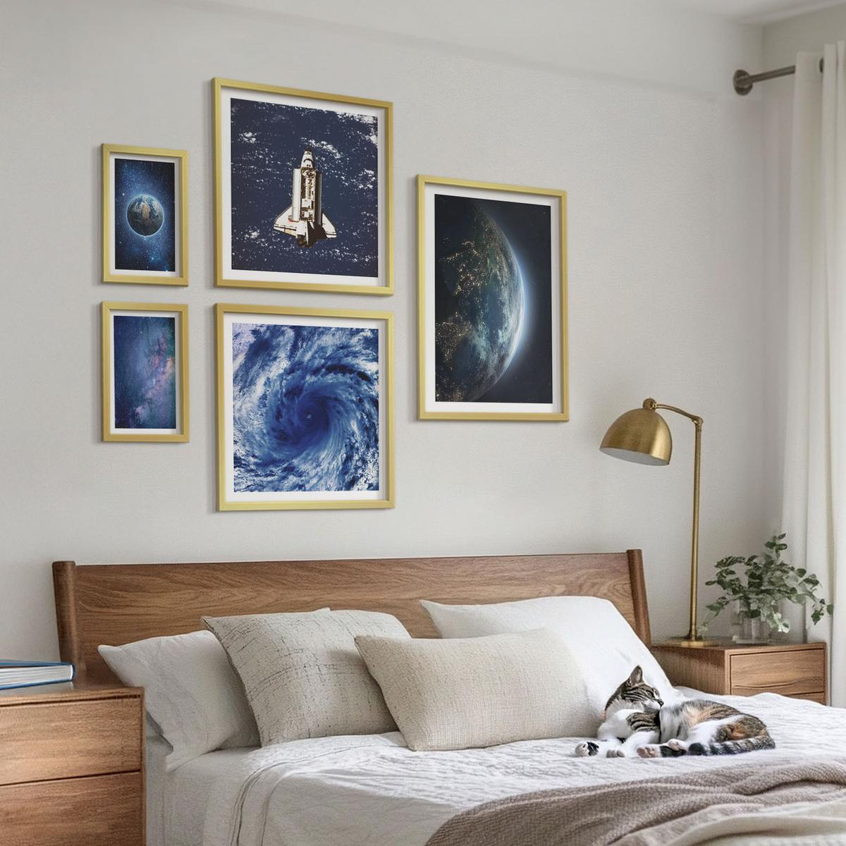 BILDER SET 5er Set - 50x50 cm & 20x30 cm & 40x60 cm Goldrahmen - Erde Weltraumsturm Galaxie - Goldfarben, Kunststoff (40/60cm) - TULUP