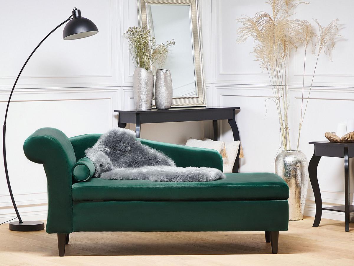 CHAISELONGUE Samtstoff smaragdgrün linksseitig Luiro - Dunkelbraun/Grün, Textil (160/77/70cm) - Beliani