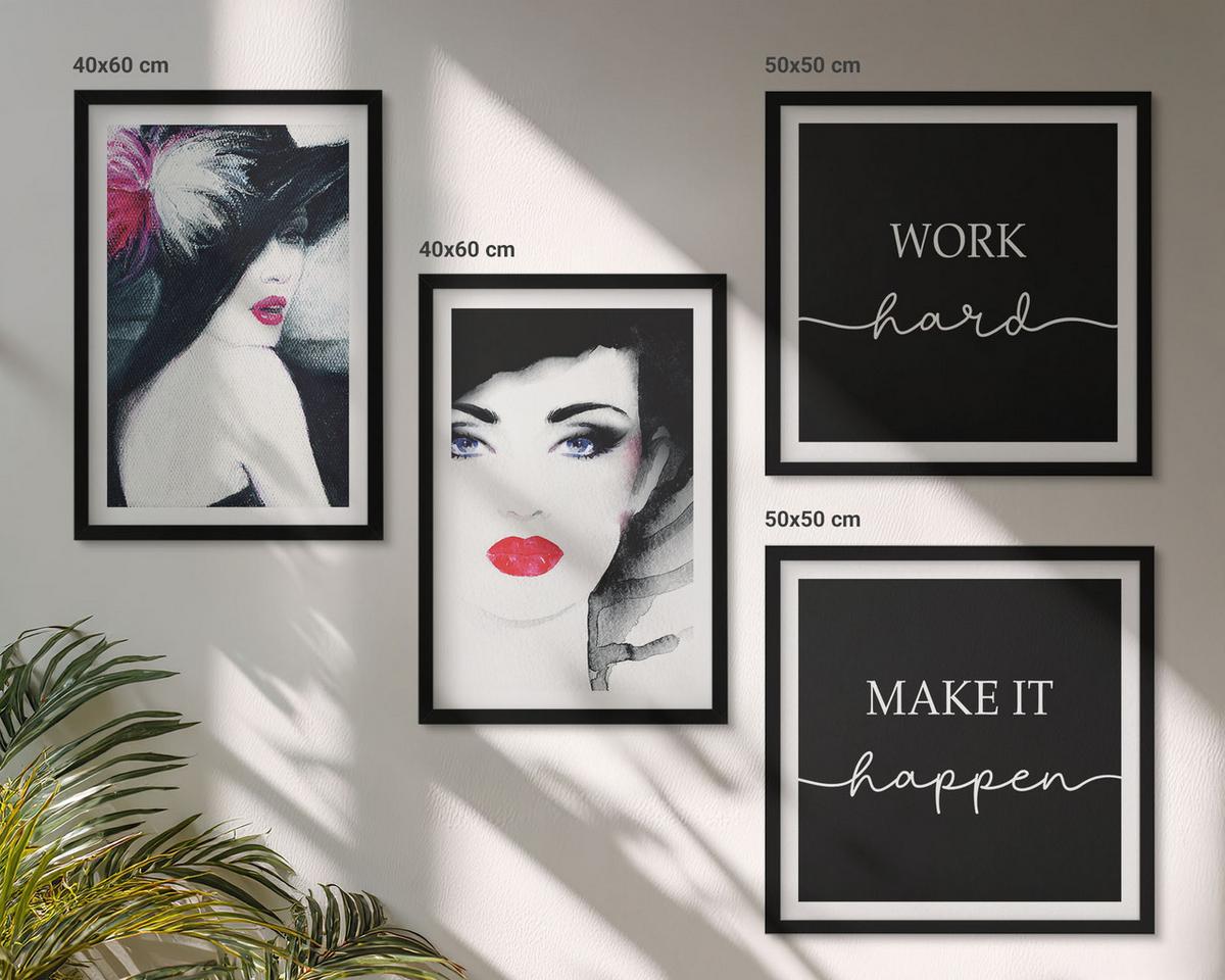 BILDER SET 4er Set - 50x50 cm & 40x60 cm Schwarzer Rahmen - Porträts von Frauen mit Lippen - Schwarz, Kunststoff (50/50cm) - TULUP